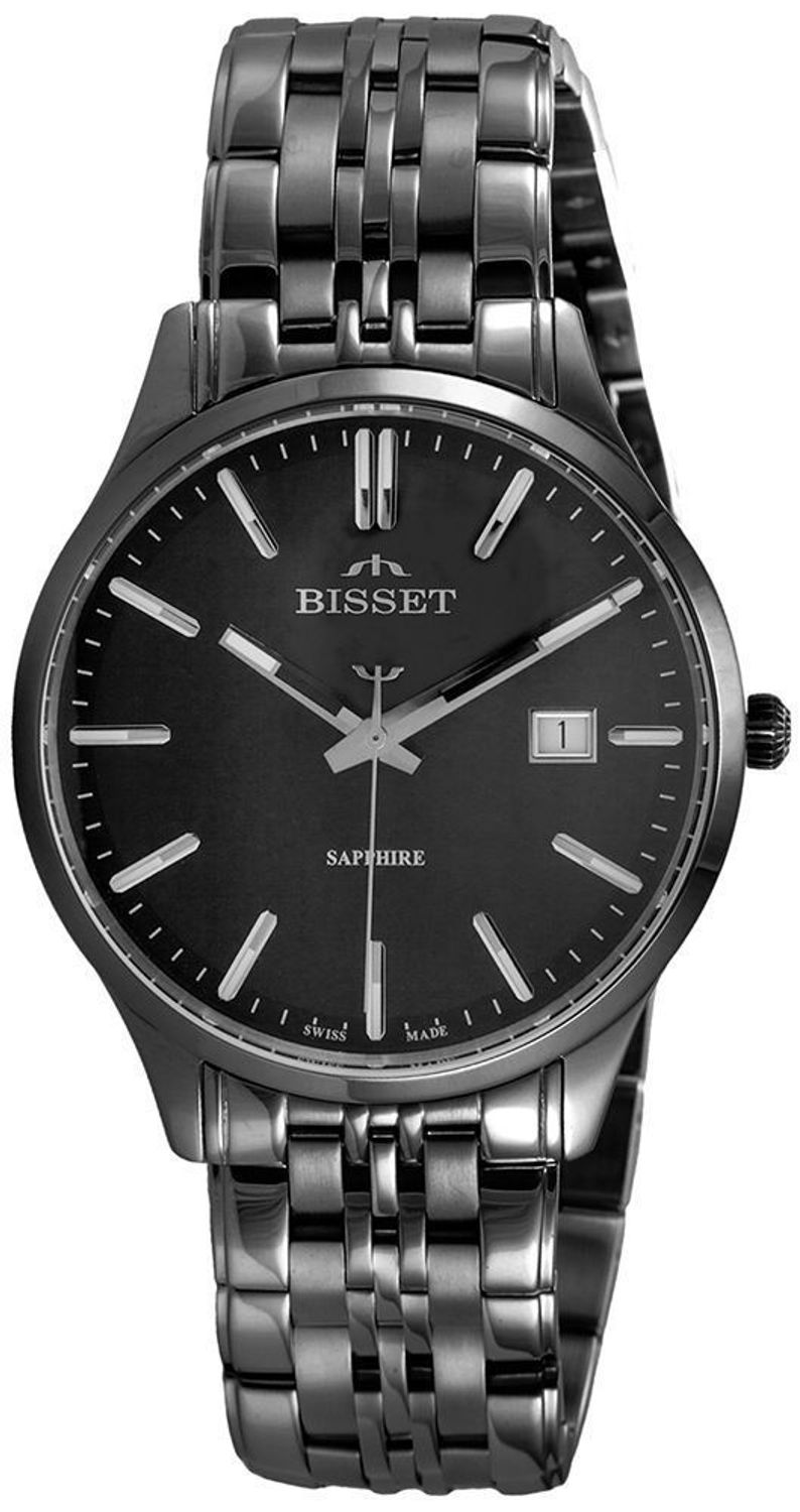 Klasyczny zegarek Bisset BIS090 BSDF38 Swiss Made. Mechanizm kwarcowy, tarcza czarna, szafirowe szkiełko, stalowa koperta i bransoleta grafitowa, wodoszczelność 1.jpg